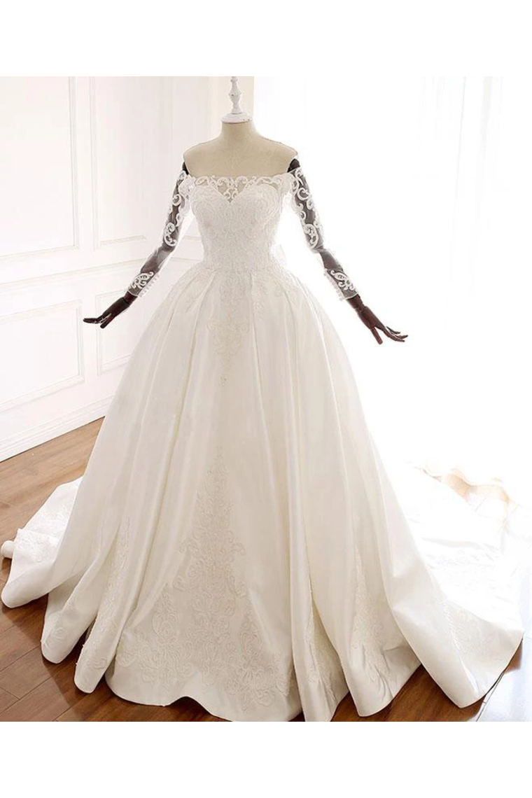 Ball Gown Long Sleeves Wedding Dress With Appliques, Satin Bridal Gown