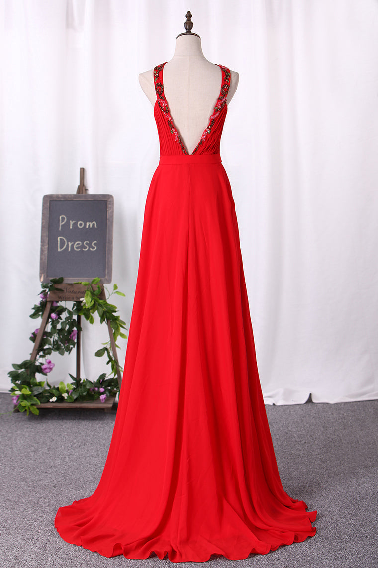 2024 Sexy Open Back Prom Dresses A Line High Neck Chiffon With Ruffles And Beads