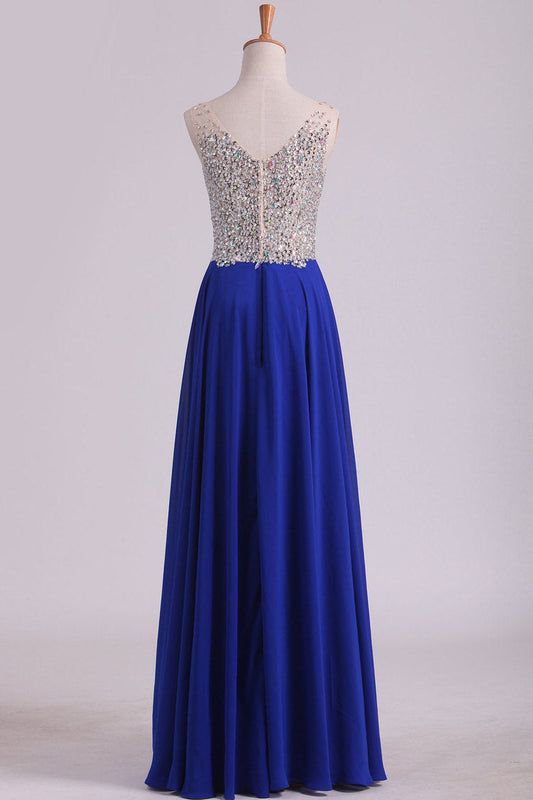 2024 V Neck Beaded Bodice A Line Prom Dresses Chiffon With Slit Sweep Train