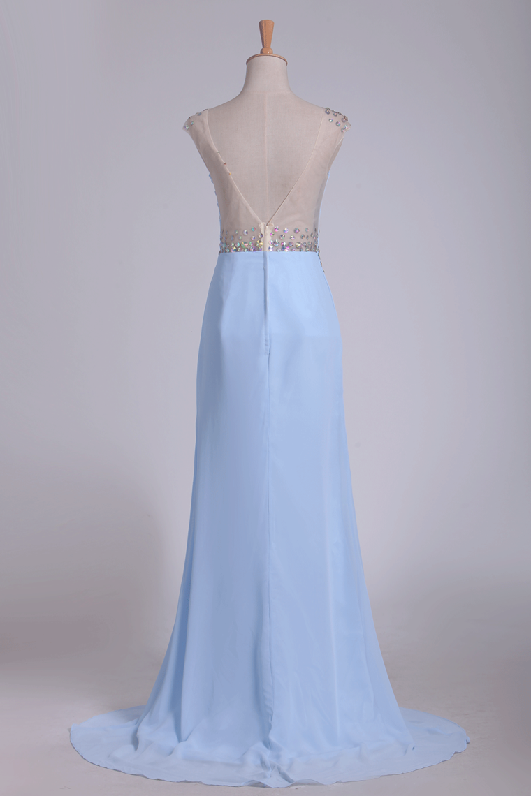 2024 Sexy Open Back Prom Dresses Column Scoop With Rhinestone Chiffon