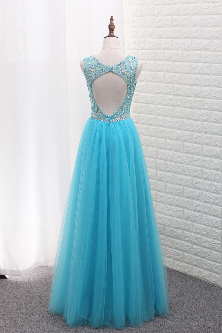 2024 A Line Tulle Bateau Open Back Beaded Bodice Floor Length Prom Dresses