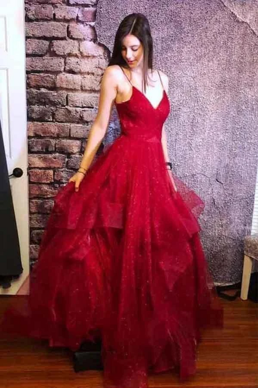 2024 V Neck Spaghetti Straps A-Line Prom Dress Tulle Floor Length