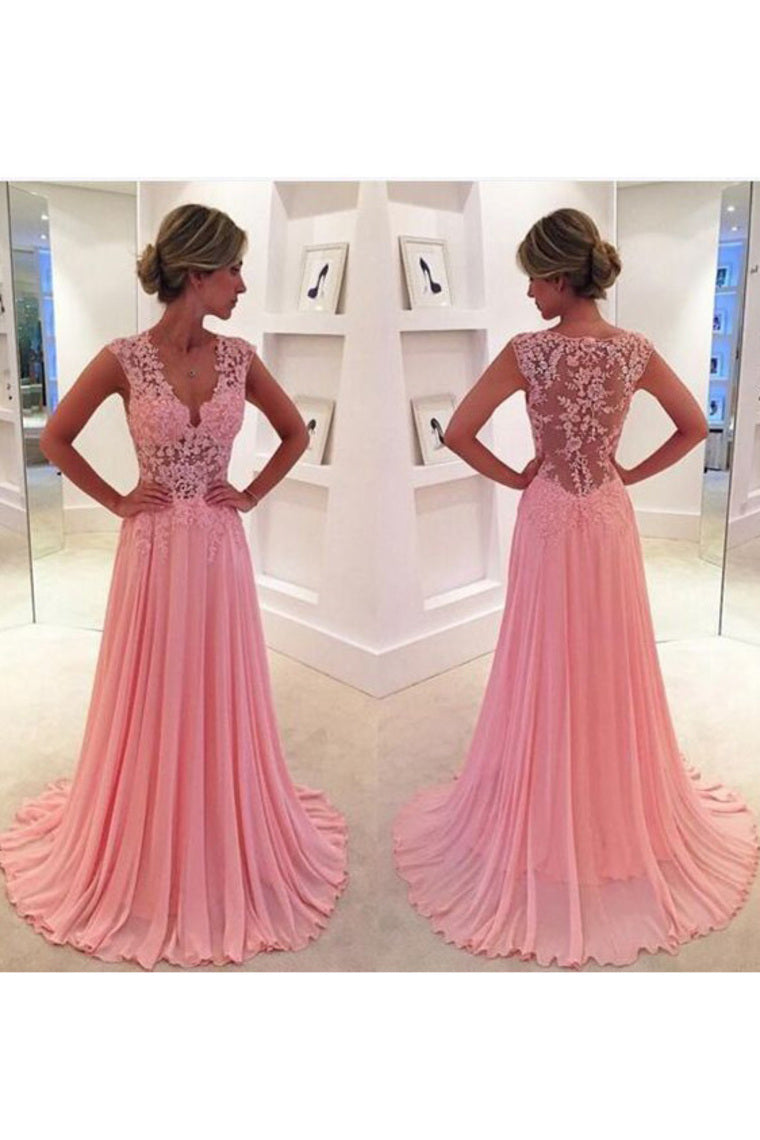 2024 A Line V Neck Prom Dresses Chiffon With Applique