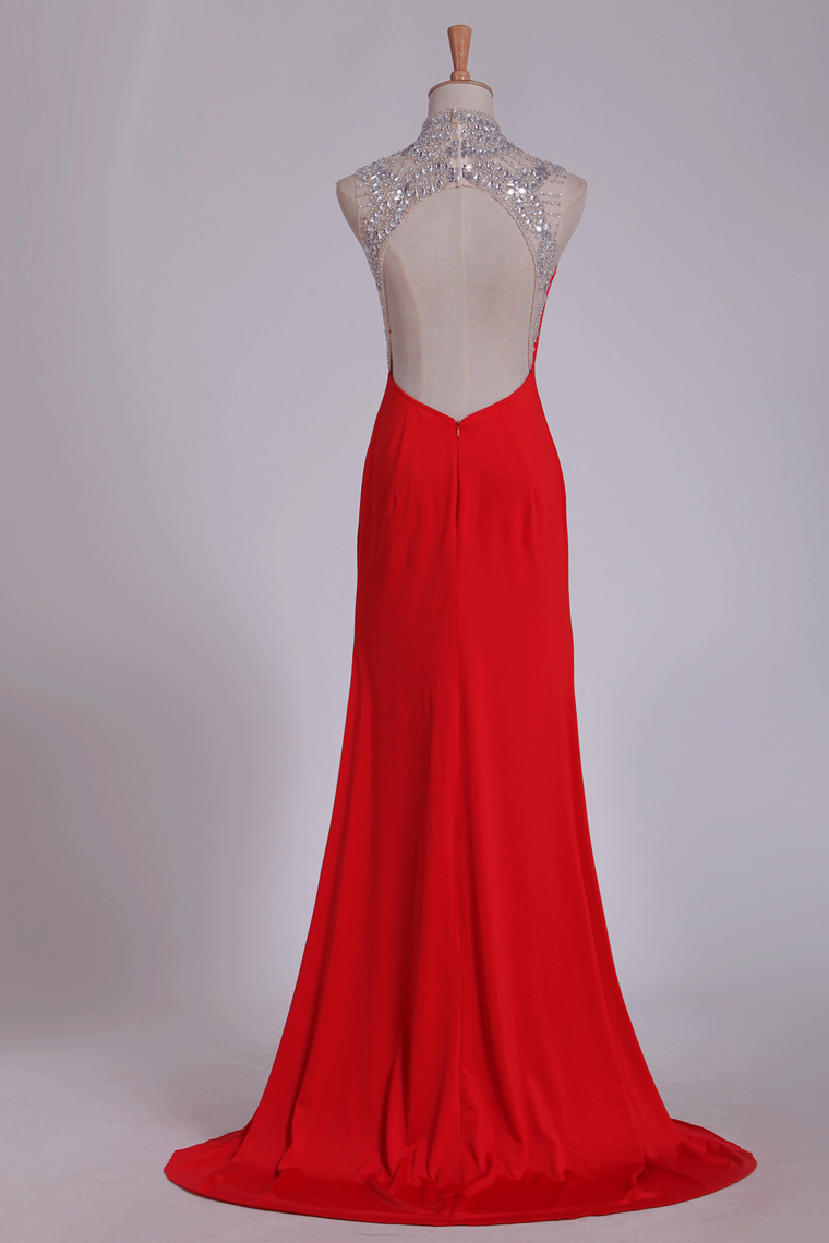 2024 Red High Neck Prom Dresses Sheath/Colum With Beading Sweep Train