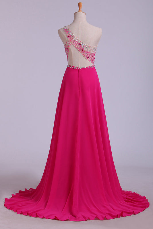 2024 Prom Dresses A Line One Shoulder With Beading Tulle & Chiffon Sweep Train