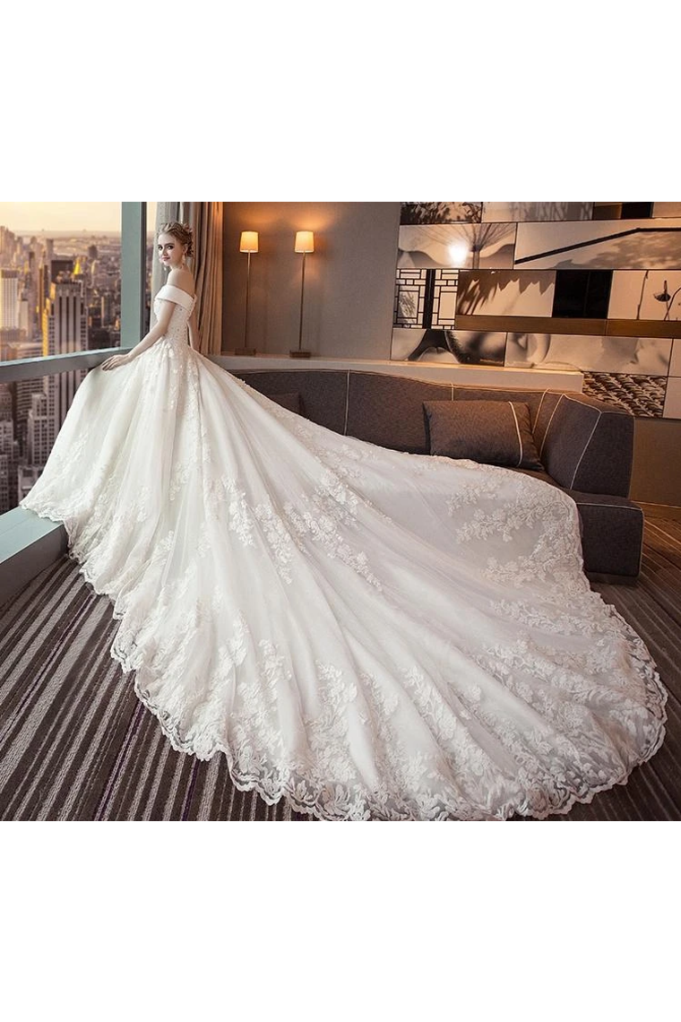 Gorgeous Off The Shoulder Lace Cathedral Train Wedding Dresses, Princess Bridal Dresses