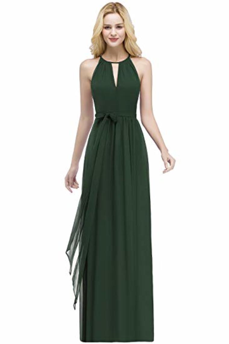 Bow Knot Chiffon Round Neck A Line Sleeveless Wedding Bridesmaid Long Evening  Festive Party Dress