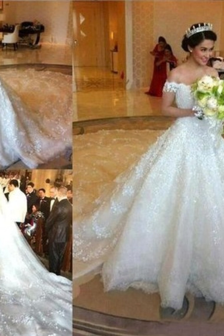 Amazing Off The Shoulder Ivory Lace Tulle Long Wedding Dresses Bridal Dresses