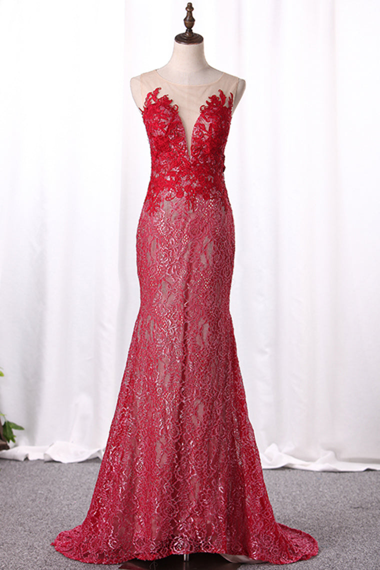 2024 Prom Dresses Mermaid Scoop Lace With Applique Detachable