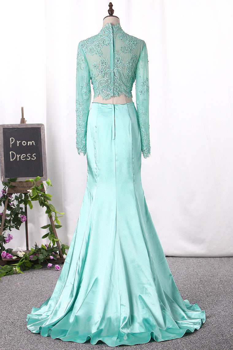 2024 New Arrival Two Pieces Mermaid Elastic Satin&Tulle With Appliques Long Sleeves Prom Dresses