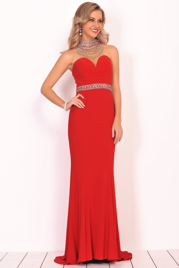 2024 Prom Dresses Mermaid High Neck Spandex With Beading Sweep Train