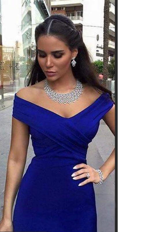 2024 Prom Dresses Off The Shoulder Satin Mermaid Dark Royal Blue Sweep Train