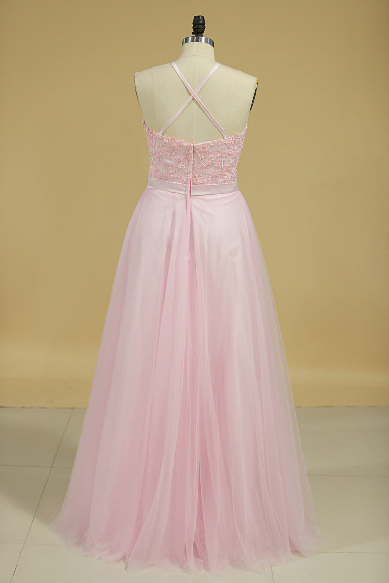 2024 Bridesmaid Dresses Scoop Open Back Tulle With Embroidery And Beads