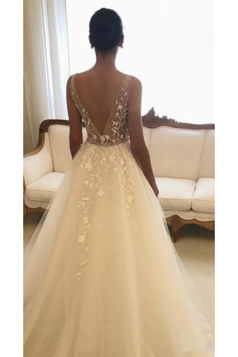 Elegant Sleeveless V Neck Tulle Wedding Dresses With Appliques, A Line Bridal Dress