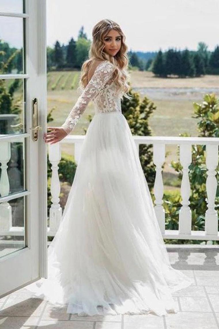 Chic A-Line Long Sleeves Lace Bodice See Through Wedding Dresses Backless Country Wedding Dress