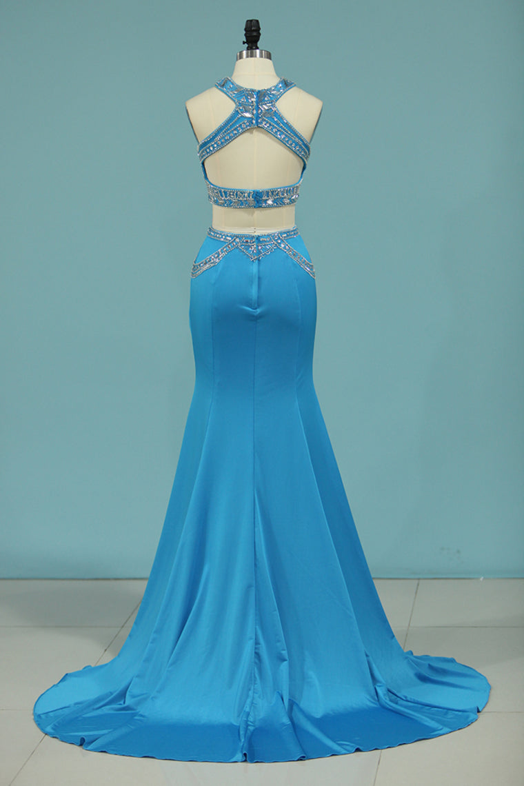 2024 High Neck Two-Piece Prom Dresses Mermaid Spandex With Beading