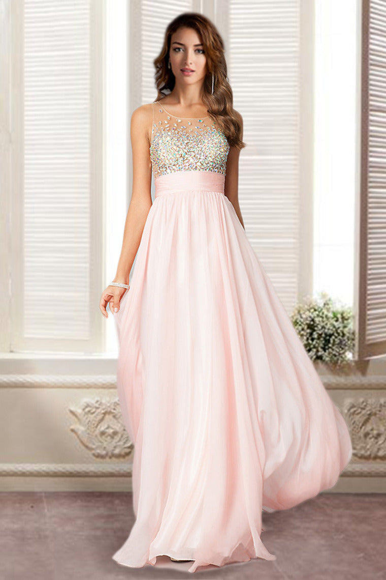 2024 Sexy Prom Dresses Scoop Neckline Princess Floor Length Chiffon Beaded Bodice