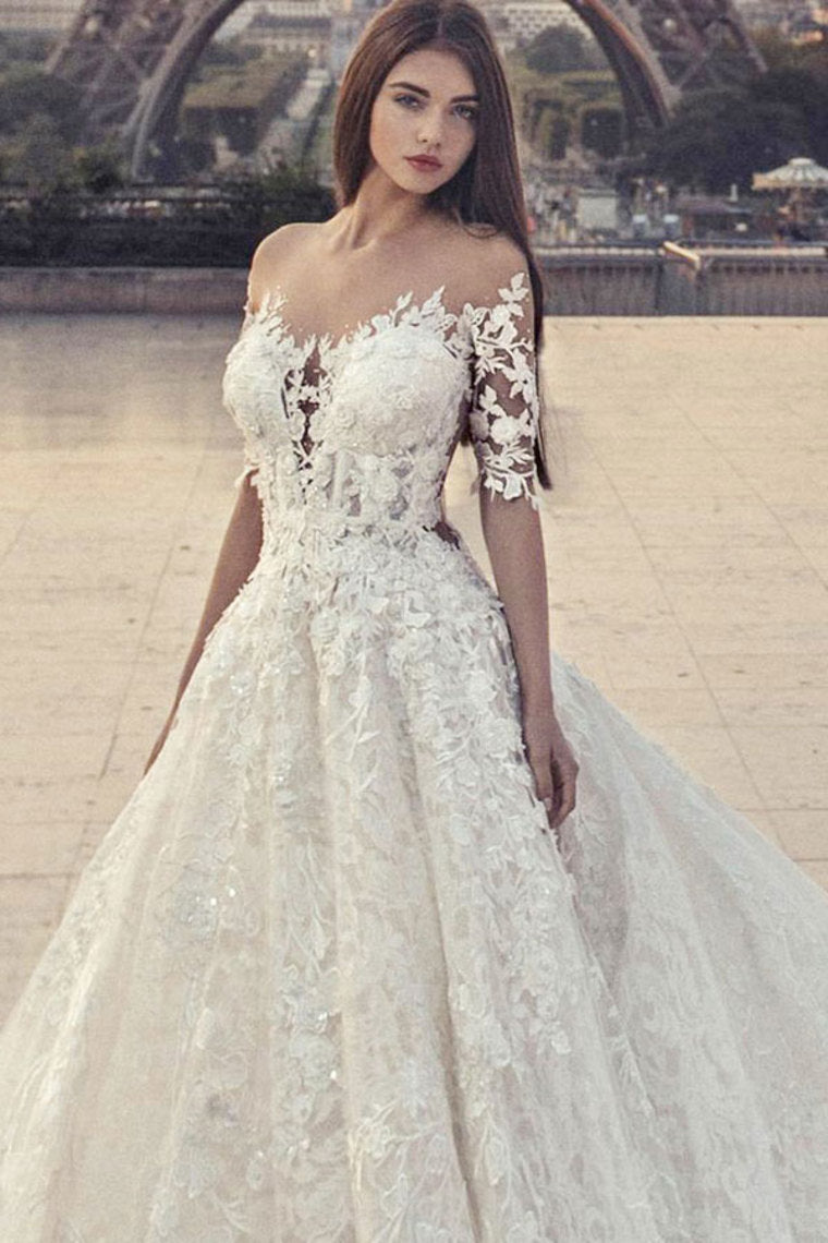 Pretty Half Sleeves Ivory Lace Ball Gown Wedding Dresses Modest Bridal Dresses