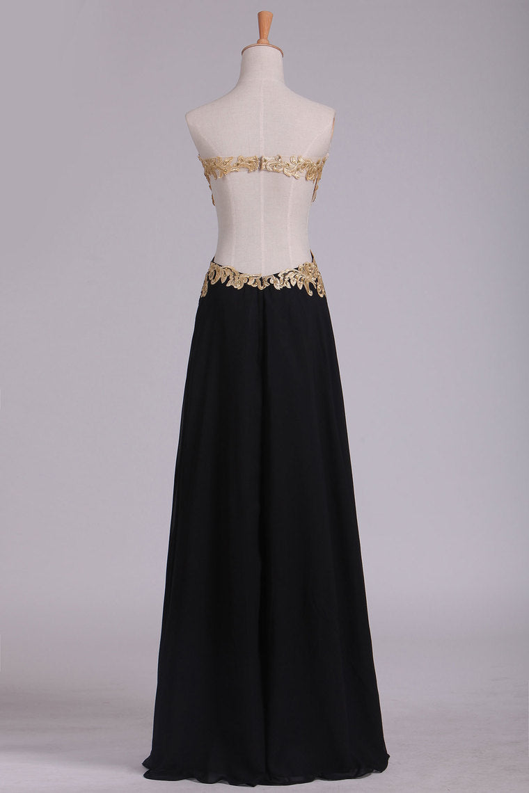 2024 Sweetheart Prom Dresses A Line Chiffon With Gold Applique Sweep Train