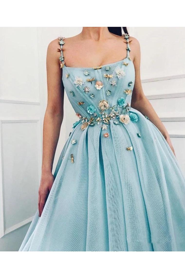 Elegant A Line Spaghetti Straps Tulle Scoop Prom Dresses With Appliques, Formal Dresses