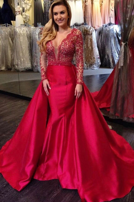 2024 Red Prom Dress Satin V Neck With Pearled Bodice And Long Train