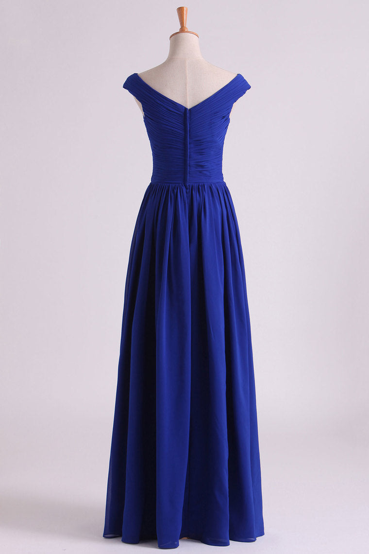 2024 Off The Shoulder Evening Dresses A Line Ruched Bodice Chiffon Floor Length Dark Royal Blue