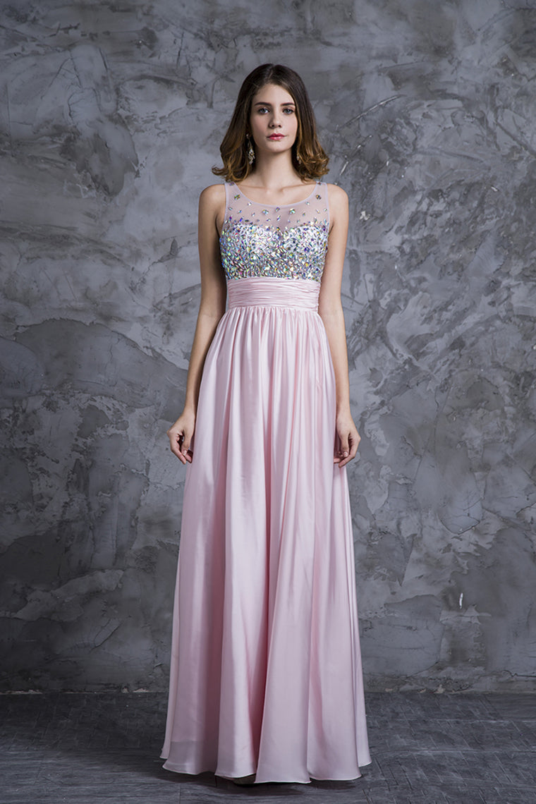 2024 Sexy Prom Dresses Scoop Neckline Princess Floor Length Chiffon Beaded Bodice