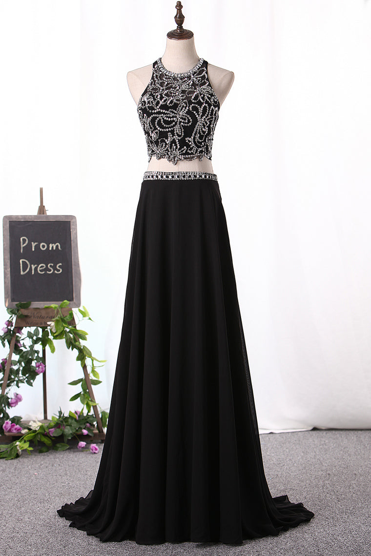 2024 A Line Prom Dresses Scoop Beaded Bodice Chiffon Two Pieces