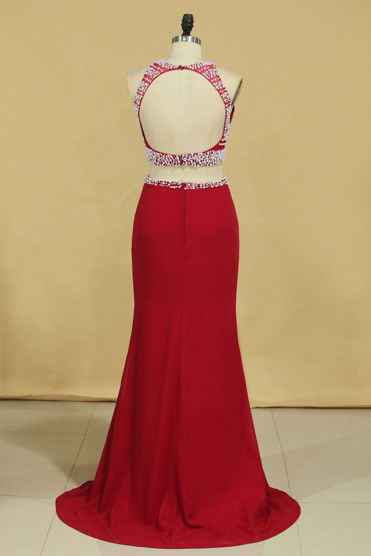 2024 Red Two Pieces Column Scoop Prom Dresses Burgundy Chiffon & Tulle With Beads And Pearls