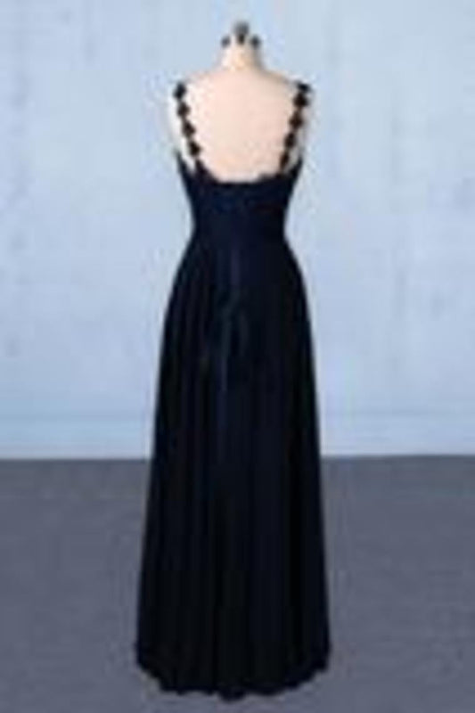 Dark Navy Blue Straps Floor Length Evening Dresses, Long Chiffon Prom Dress With Lace