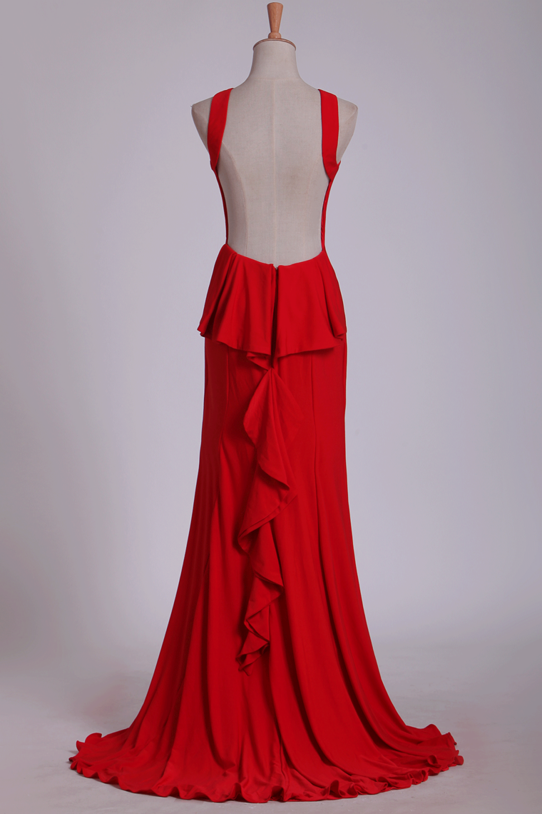 2024 Red Evening Dresses Scoop Open Back Mermaid/Trumpet Red Sweep Train