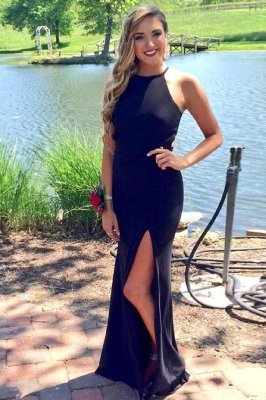 Sheath Long Black Front Split Simple Cheap Prom Dresses Party Dresses