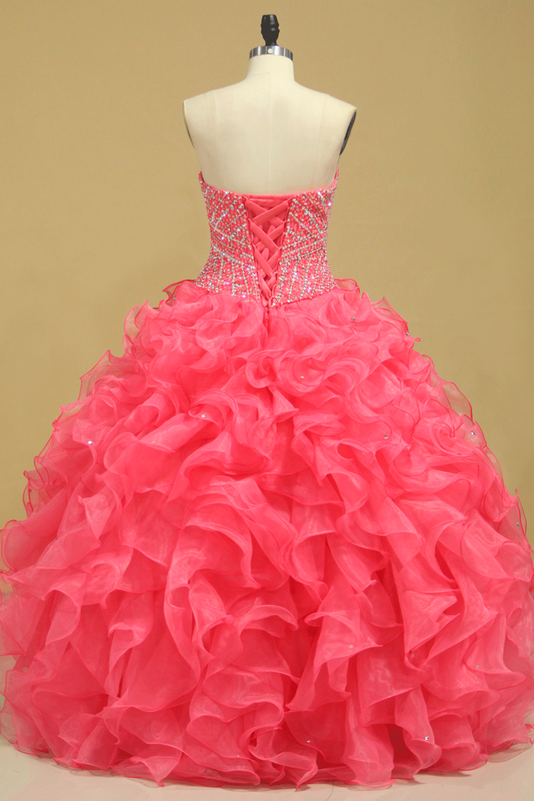 2024 Beautiful Quinceanera Beaded Bodice Sweetheart Floor Length Ruffle Skirt Orange