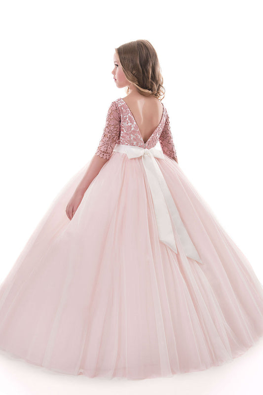 2024 Tulle Scoop Flower Girl Dresses Ball Gown Mid-Length Sleeves With Sash