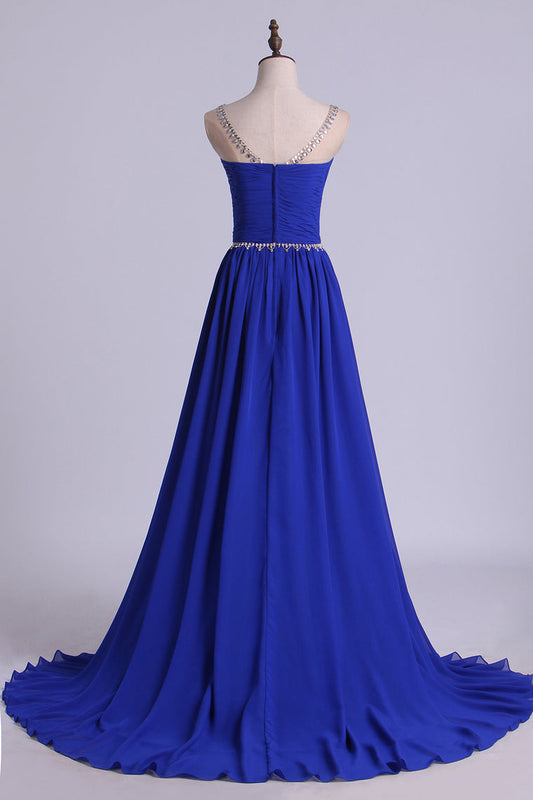 2024 Scoop Prom Dresses A Line Pleated Bodice Chiffon With Beads Dark Royal Blue