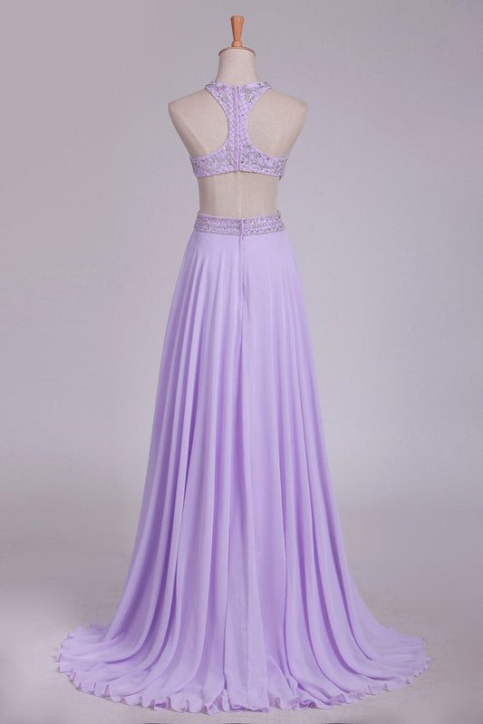 2024 Scoop Prom Dresses A Line Chiffon With Beading Sweep Train