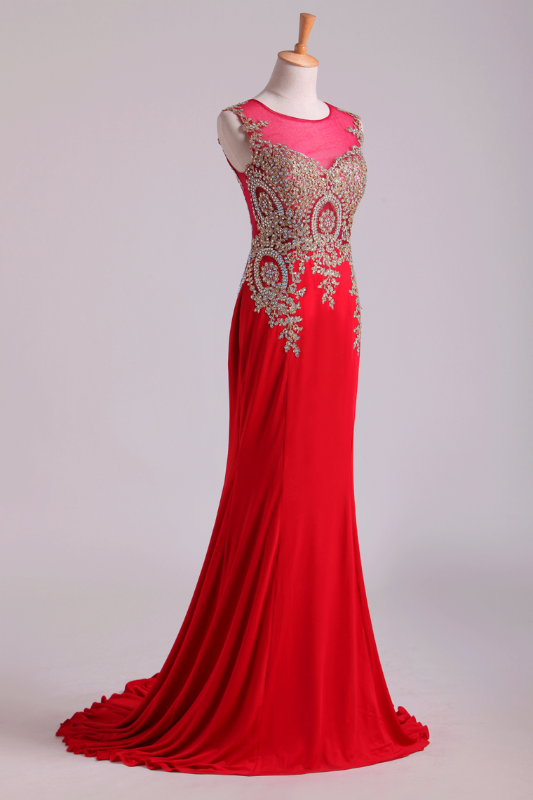 2024 Red Prom Dresses Scoop Mermaid Sweep Spandex With Applique Sleeveless