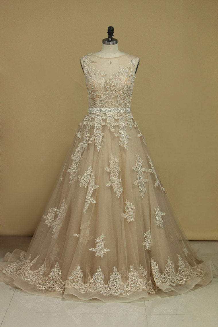 2024 Chapel Train Wedding Dresses Bateau Tulle With Applique And Sash A Line