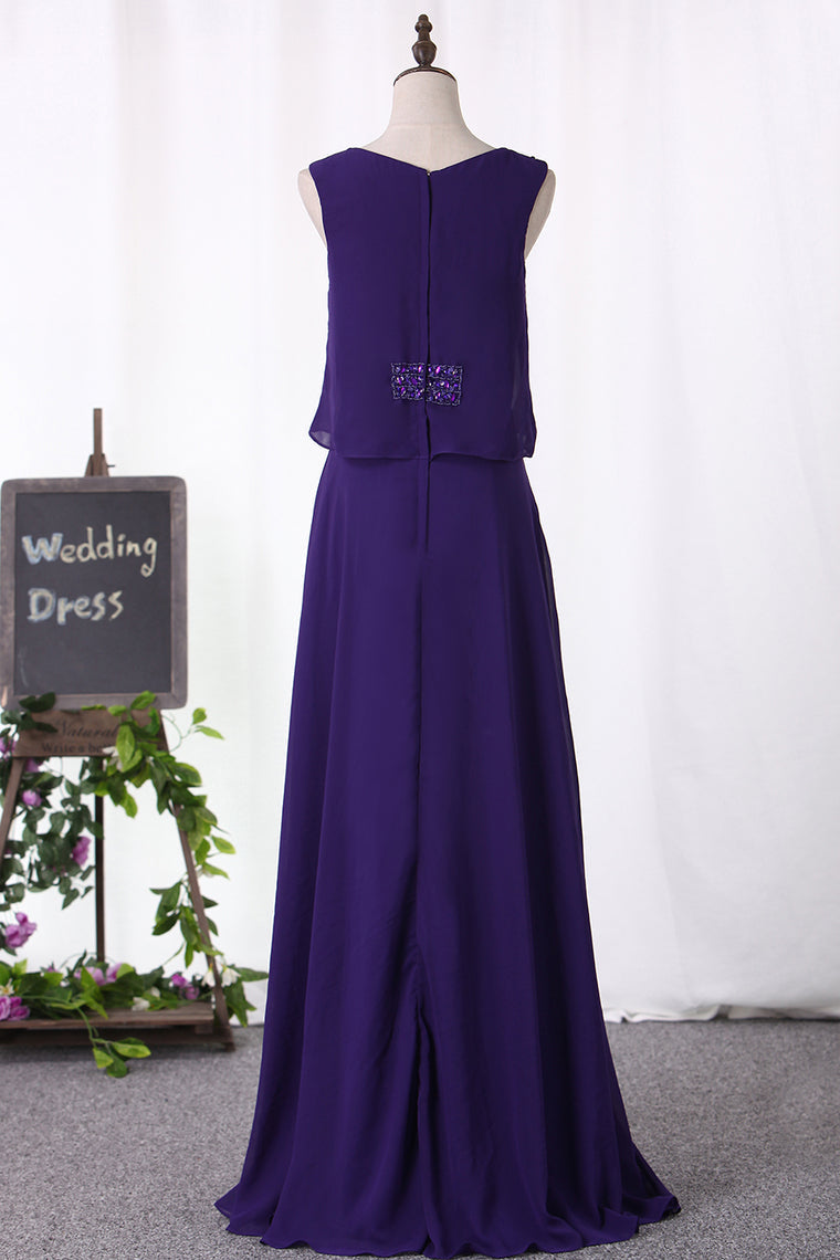 2024 Chiffon Scoop A Line Floor Length Prom Dresses With Beading