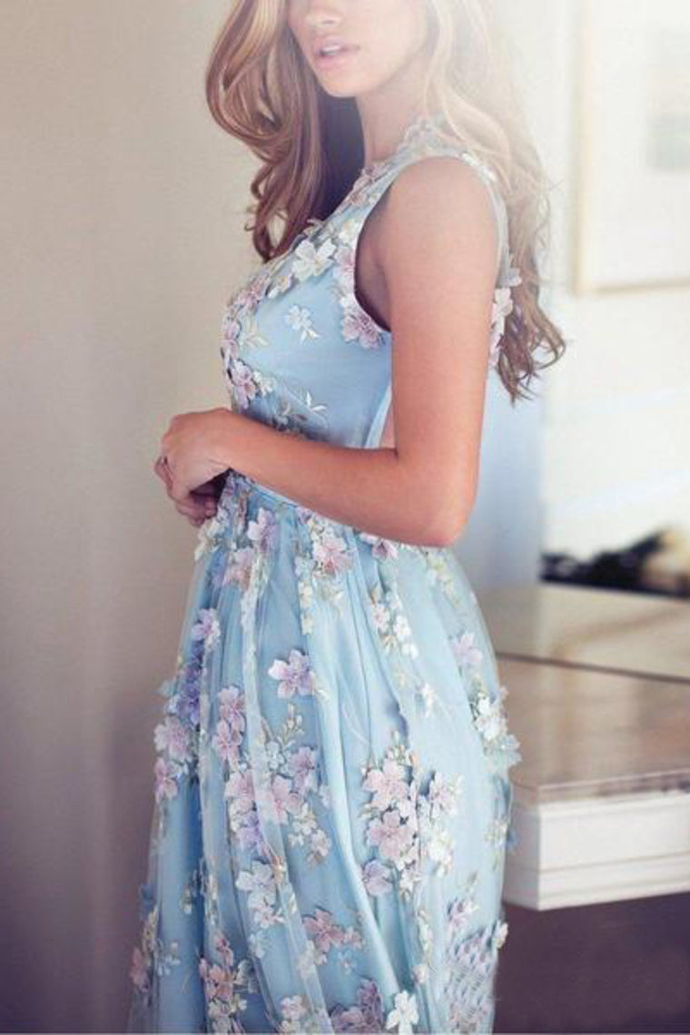 2024 Sky Blue Prom Dresses See Through Embroidery Formal Dress Evening Dress