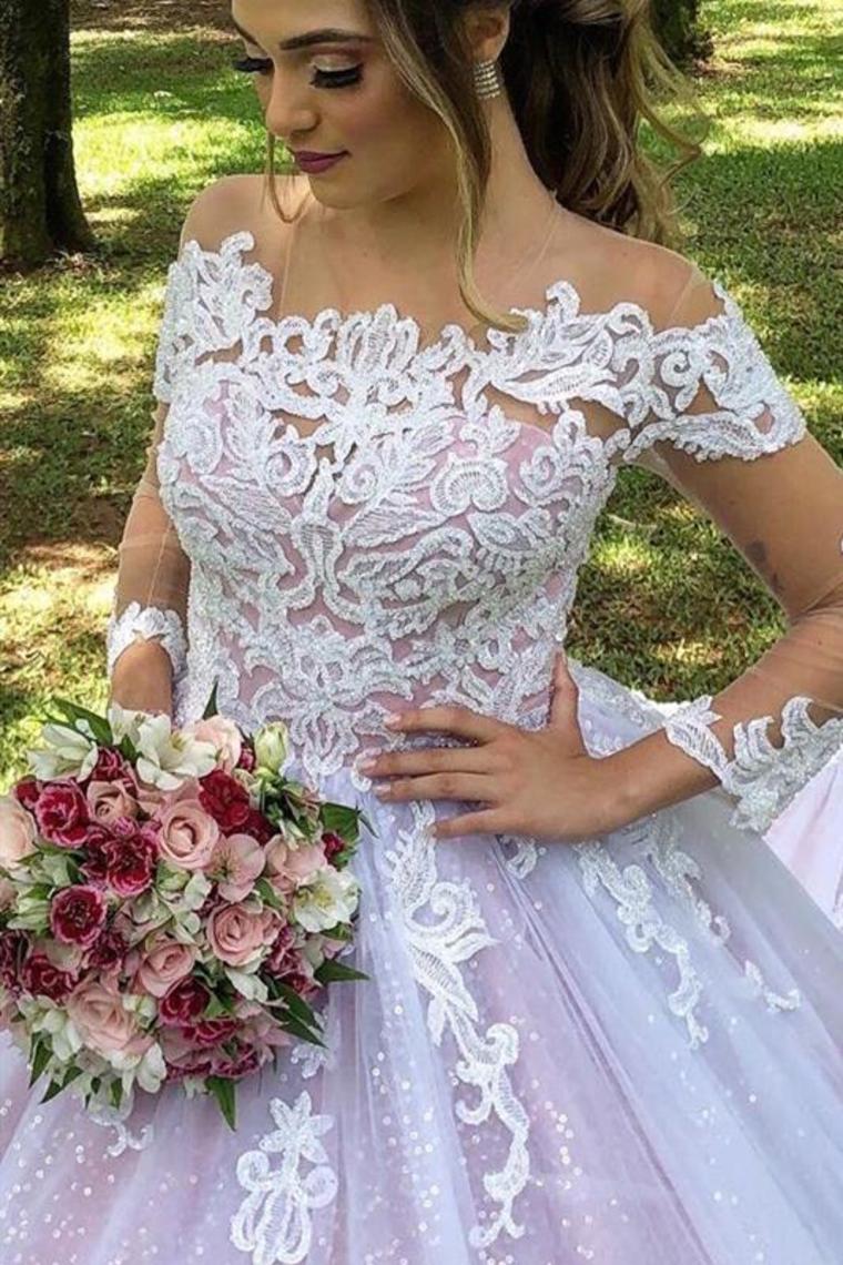 Princess Long Sleeves Illusion Neck A-Line Wedding Dress With Appliques