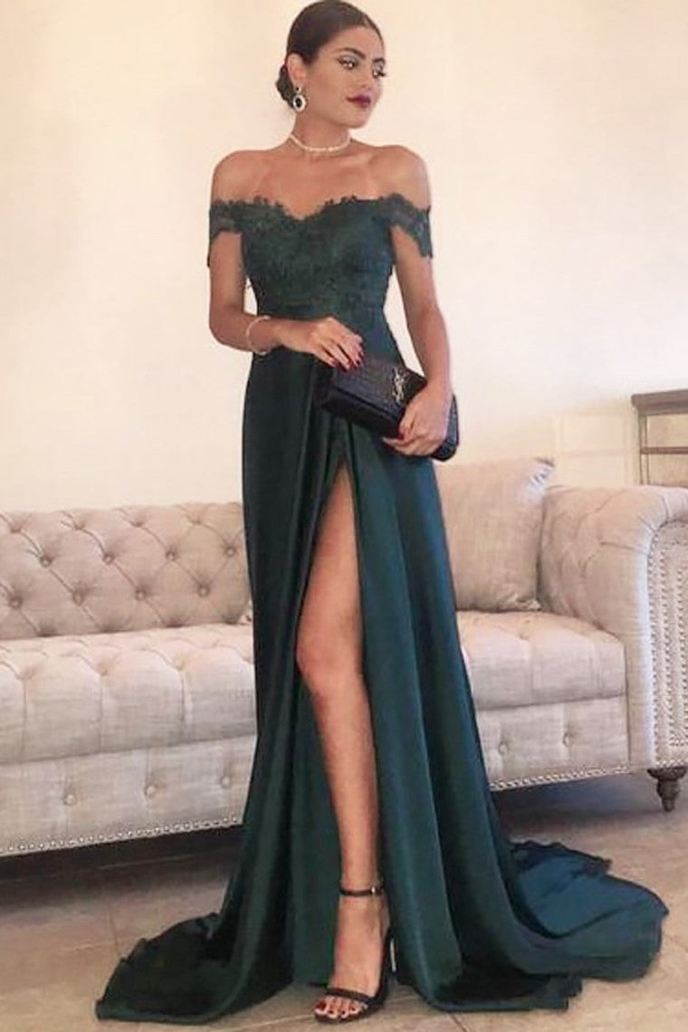 2024 A Line Off The Shoulder Prom Dresses Stretch Satin With Applique And Slit