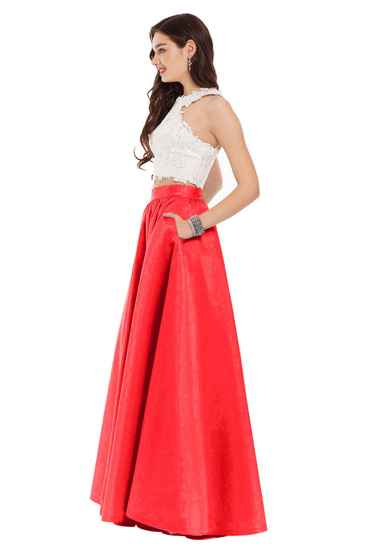 2024 Two Pieces Prom Dresses Satin With Applique Floor Length