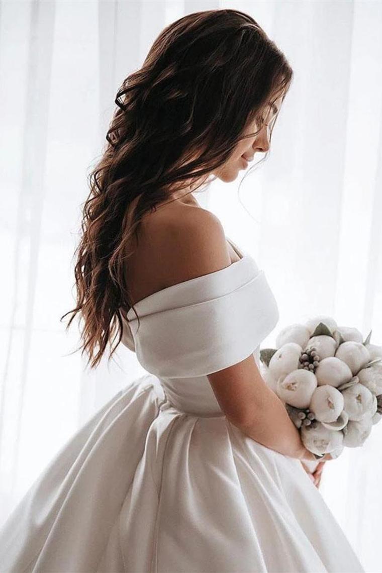 Ball Gown Off The Shoulder Satin White Sweetheart Wedding Dresses, Wedding Gowns