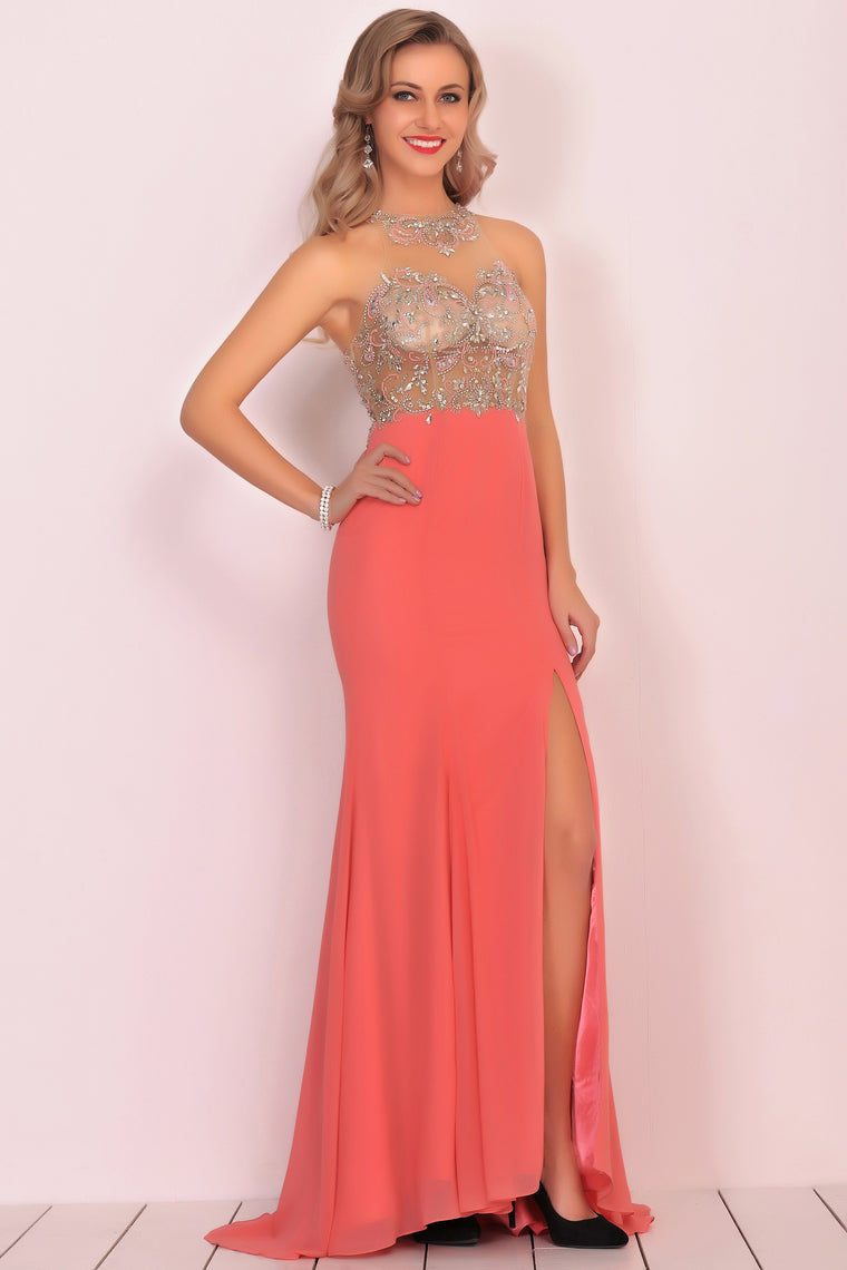 2024 Mermaid Scoop Chiffon Prom Dresses With Beads And Slit