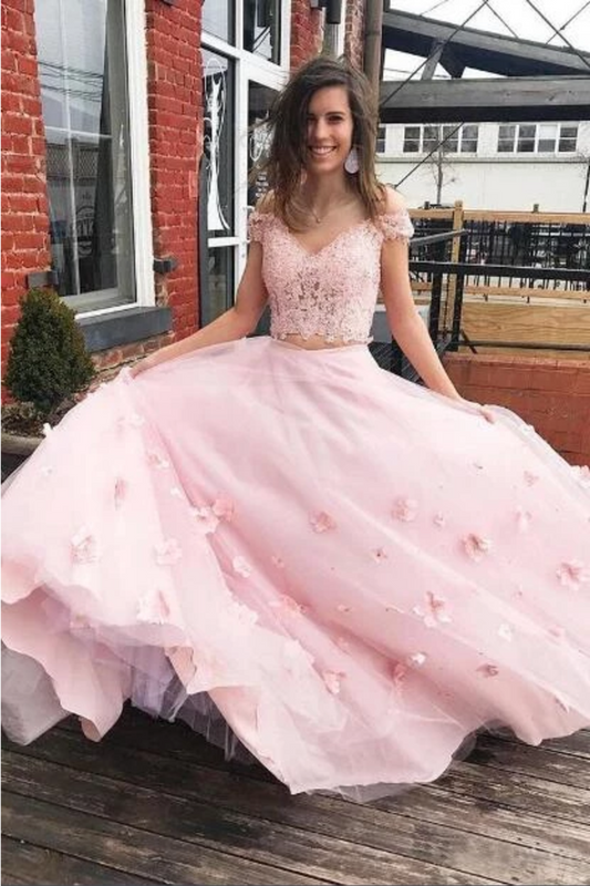 Two Piece Floor Length Tulle Prom Dress With Lace, Long Off The Shoulder Dress With Flower