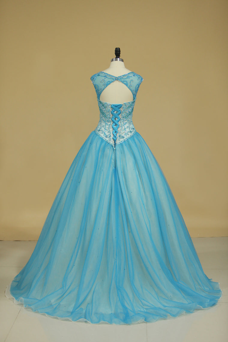 2024 New Arrival Bateau Beaded Bodice Ball Gown Quinceanera Dresses Tulle Court Train