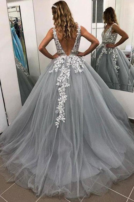 2024 Prom Dress Tulle A-Line V-Neck Sweep Train With Appliques