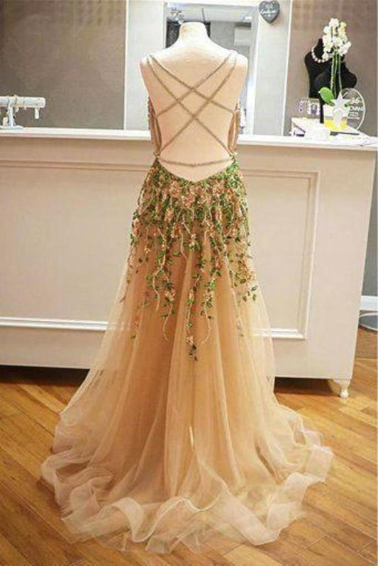 Criss Cross Back Appliqued Tulle Prom Dress With Ribbon