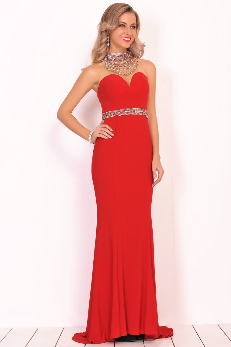 2024 Prom Dresses Mermaid High Neck Spandex With Beading Sweep Train